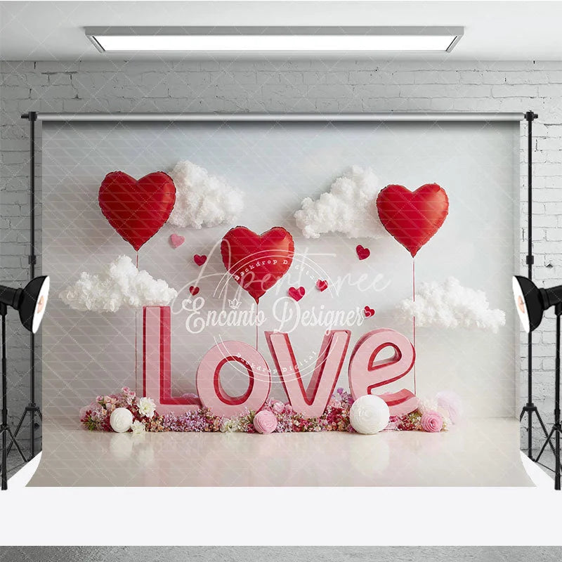 Aperturee - Aperturee 3D Pink LOVE and Red Heart Balloons Backdrop Sweet Valentines Day White Clouds and Flower Party Decor