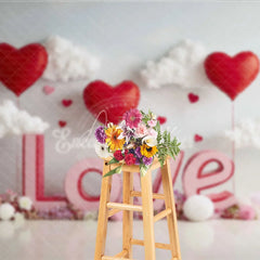 Aperturee - Aperturee 3D Pink LOVE and Red Heart Balloons Backdrop Sweet Valentines Day White Clouds and Flower Party Decor