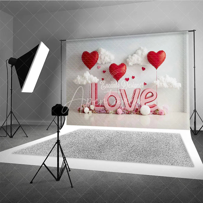 Aperturee - Aperturee 3D Pink LOVE and Red Heart Balloons Backdrop Sweet Valentines Day White Clouds and Flower Party Decor