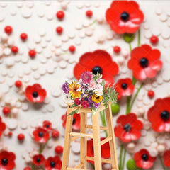 Aperturee - Aperturee 3D Red Poppy Floral Backdrop White Texture Circle Pattern Flower Art Background Artistic Photography Prop