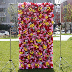Aperturee - Aperturee 3D Sunflower Pink Rose Fuax Flower Wall Backdrop