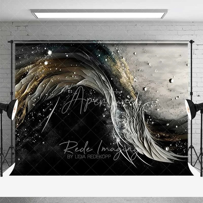 Aperturee - Aperturee 3D Textured Black and White Ribbon Abstract Backdrop Gold Dust Pearl Photography Background Artistic Party Decor