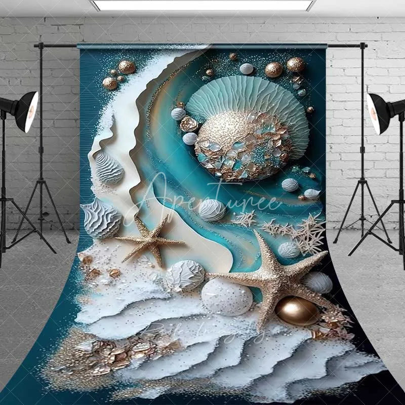 Aperturee - Aperturee 3D Textured Ocean Wave and Starfish Backdrop Teal Blue and Gold Pearl Summer Beach Photography Background
