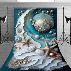 Aperturee - Aperturee 3D Textured Ocean Wave and Starfish Backdrop Teal Blue and Gold Pearl Summer Beach Photography Background