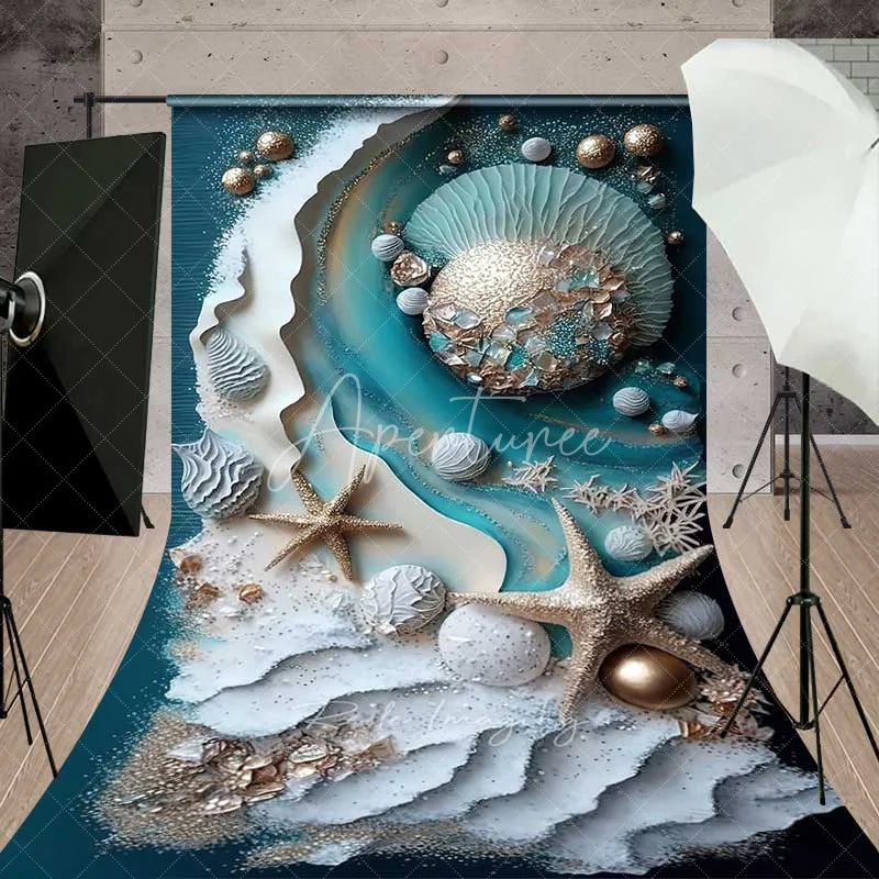 Aperturee - Aperturee 3D Textured Ocean Wave and Starfish Backdrop Teal Blue and Gold Pearl Summer Beach Photography Background