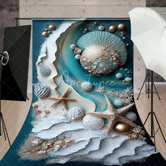 Aperturee - Aperturee 3D Textured Ocean Wave and Starfish Backdrop Teal Blue and Gold Pearl Summer Beach Photography Background