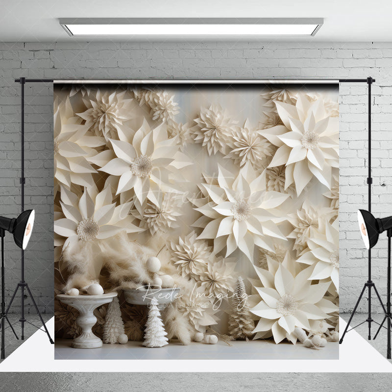 Aperturee Aperturee 3D White Paper Flowers Photography Backdrop Winter Wedding or Bridal Shower Elegant Poinsettia Wall Decor