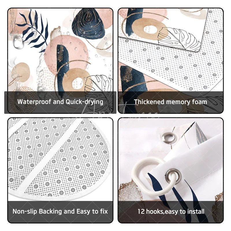 Aperturee - Aperturee 4-Piece Abstract Boho Shower Curtain Set Pink Blue Geometric Shapes Modern Minimalist Art