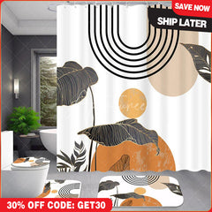 Aperturee 4-Piece Abstract Boho Sun Shower Curtain Set, Minimalist Tropical Leaves, Terracotta Geometric Decor