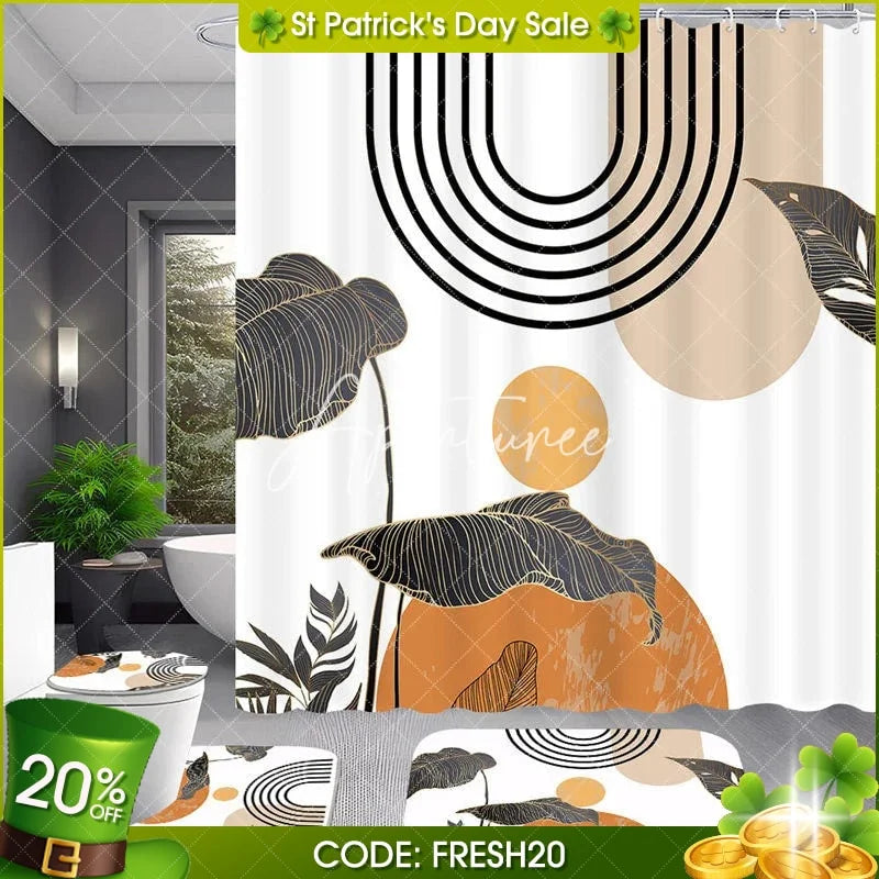 Aperturee - Aperturee 4-Piece Abstract Boho Sun Shower Curtain Set Minimalist Tropical Leaves Terracotta Geometric Decor