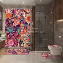 Aperturee - Aperturee 4-Piece Boho Paisley Bathroom Set Colorful Mandala Floral Pattern Vibrant Orange Purple Tribal