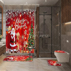 Aperturee - Aperturee 4-Piece Christmas Santa Claus Shower Curtain Set Red Xmas Tree Gift Winter Holiday Festival