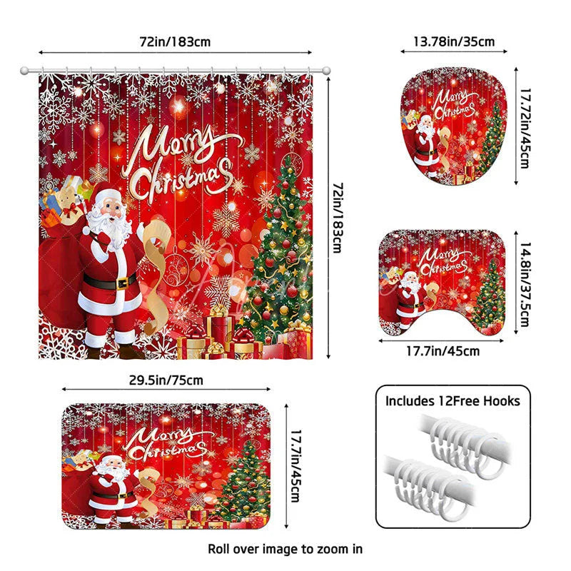 Aperturee - Aperturee 4-Piece Christmas Santa Claus Shower Curtain Set Red Xmas Tree Gift Winter Holiday Festival