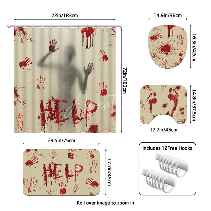 Aperturee - Aperturee 4-Piece Halloween Horror Bathroom Set Red Handprint Silhouette Spooky Help Sign Holiday Decor