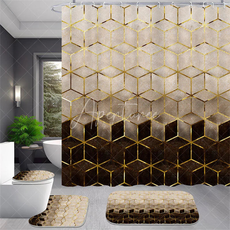 Aperturee - Aperturee 4-Piece Modern Geometric Shower Curtain Set Golden Lines Hexagon Pattern Abstract Cream Brown