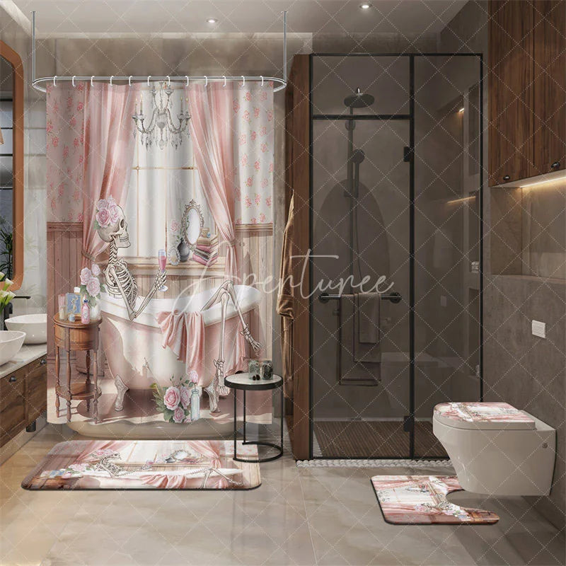 Aperturee - Aperturee 4-Piece Pink Skeleton Bathroom Set Floral Bathtub Skull Funny Spooky Cute Halloween Decor