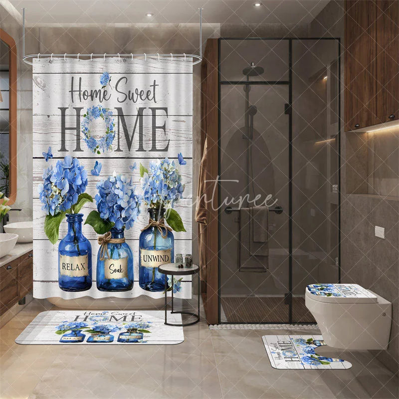 Aperturee - Aperturee 4-Piece Rustic Home Sweet Home Shower Curtain Set Blue Hydrangea Floral Jars Wooden Plank Decor