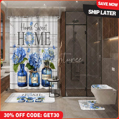 Aperturee 4-Piece Rustic Home Sweet Home Shower Curtain Set, Blue Hydrangea Floral Jars, Wooden Plank Decor
