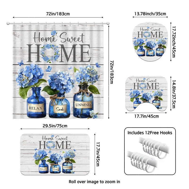 Aperturee - Aperturee 4-Piece Rustic Home Sweet Home Shower Curtain Set Blue Hydrangea Floral Jars Wooden Plank Decor