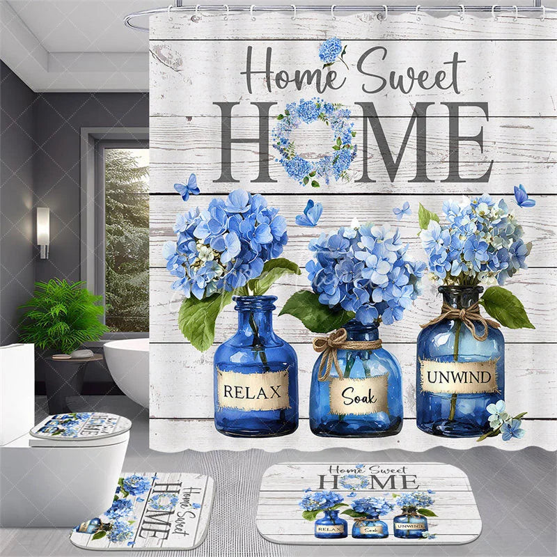 Aperturee - Aperturee 4-Piece Rustic Home Sweet Home Shower Curtain Set Blue Hydrangea Floral Jars Wooden Plank Decor