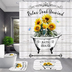 Aperturee - Aperturee 4-Piece Rustic Sunflower Bathroom Set Farmhouse Bathtub Wood Yellow Relax Soak Unwind Decor