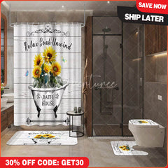 Aperturee 4-Piece Rustic Sunflower Bathroom Set, Farmhouse Bathtub Wood, Yellow Relax Soak Unwind Decor