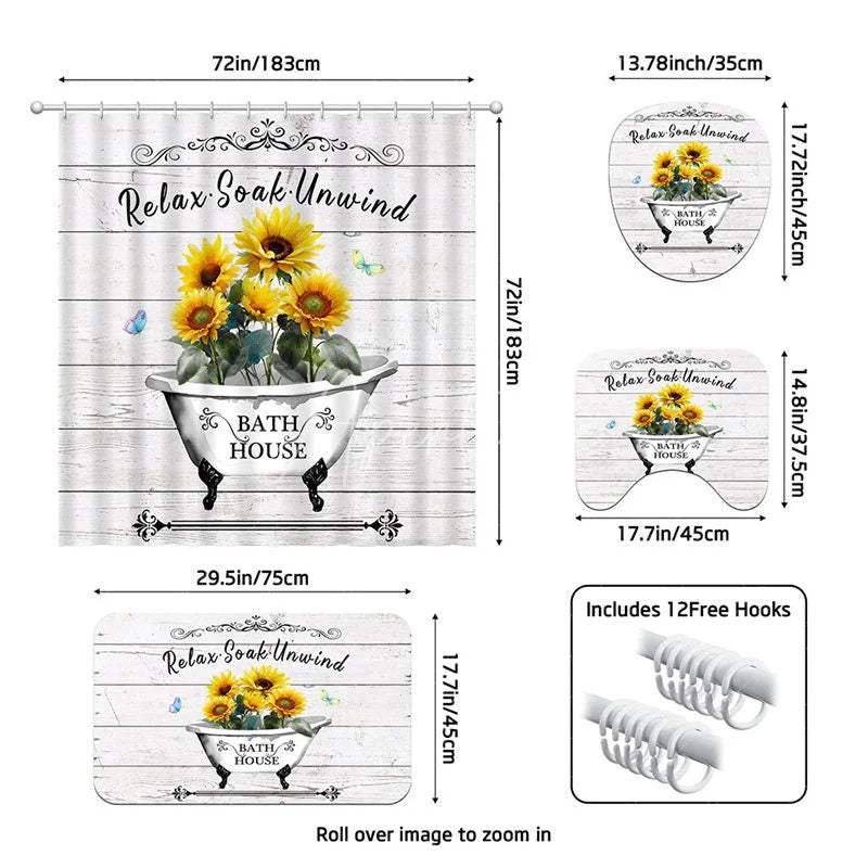 Aperturee - Aperturee 4-Piece Rustic Sunflower Bathroom Set Farmhouse Bathtub Wood Yellow Relax Soak Unwind Decor