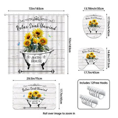 Aperturee - Aperturee 4-Piece Rustic Sunflower Bathroom Set Farmhouse Bathtub Wood Yellow Relax Soak Unwind Decor