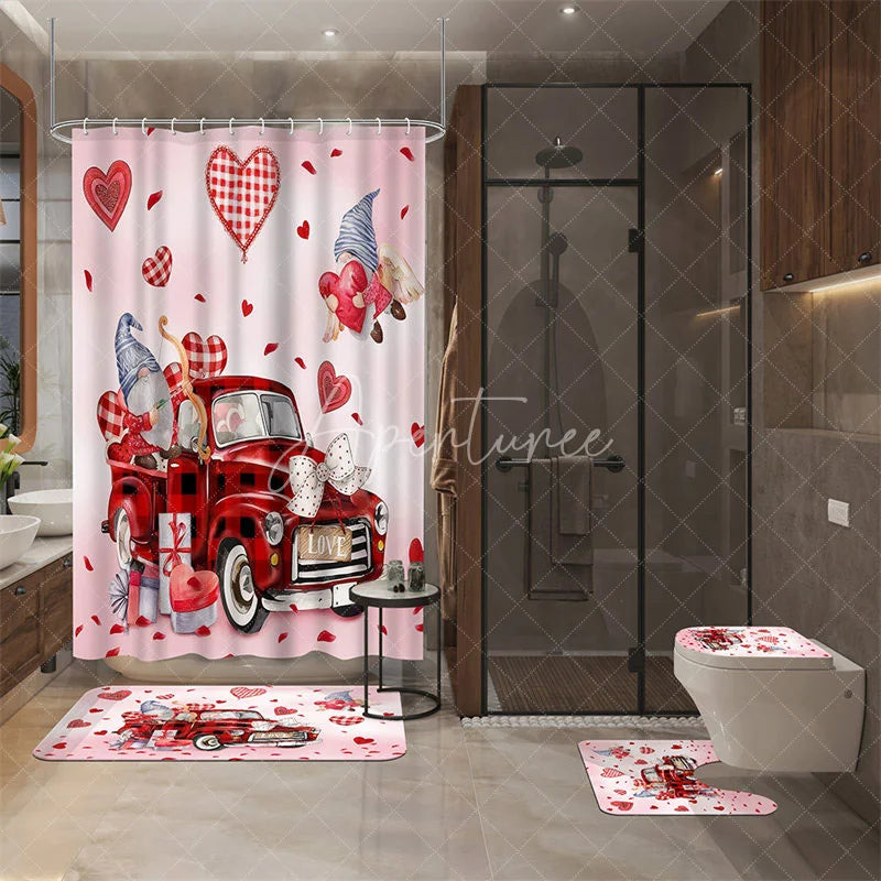 Aperturee - Aperturee 4-Piece Valentines Day Gnome Bathroom Set Red Truck Heart Love Romantic Pink Holiday Decor