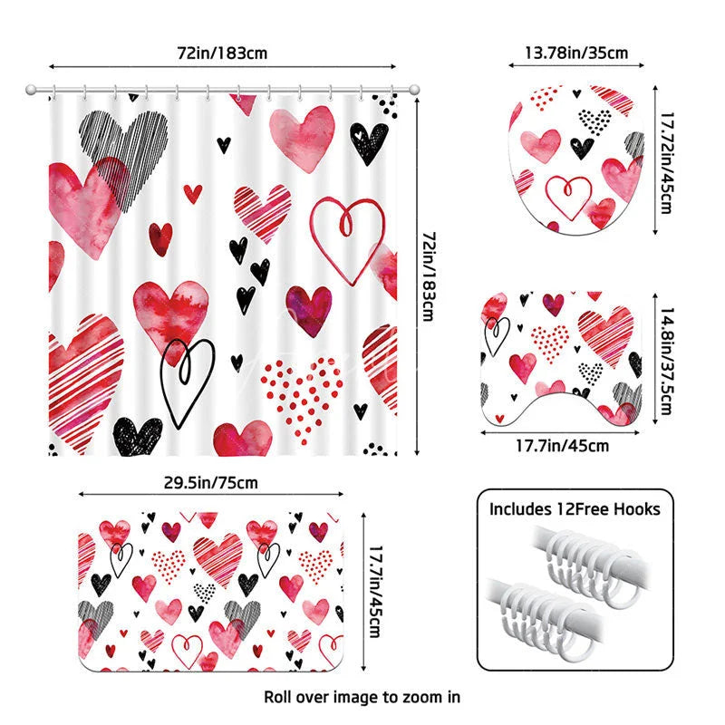 Aperturee - Aperturee 4-Piece Valentines Day Heart Shower Curtain Set Watercolor Red Pink Love Art Cute Romantic