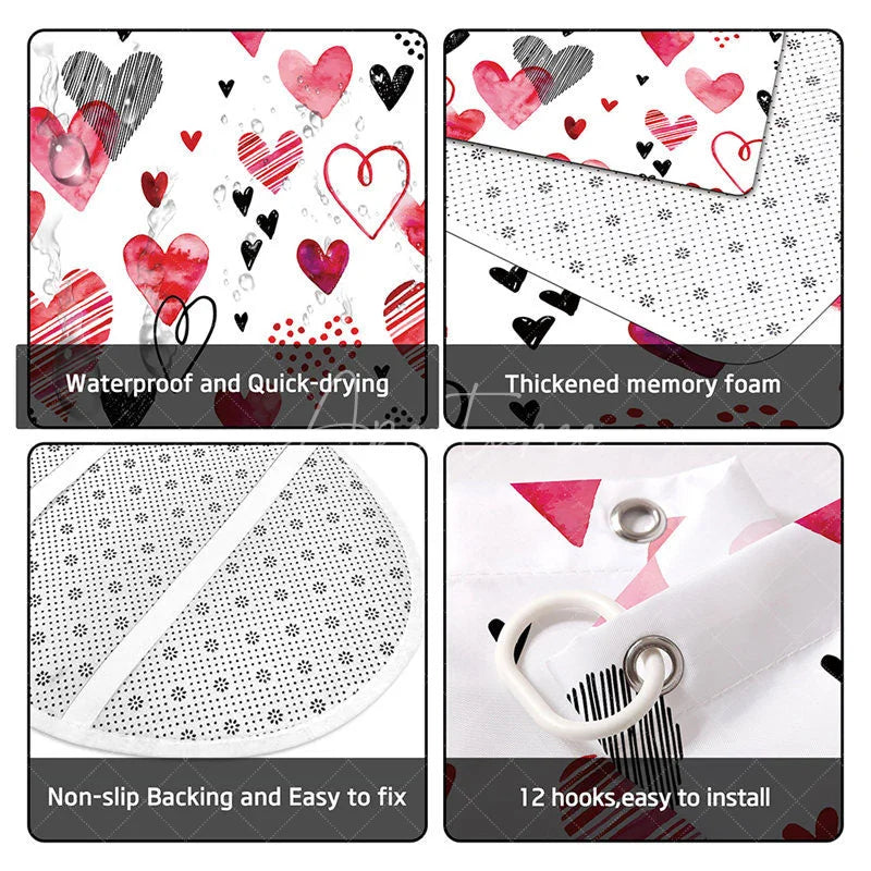 Aperturee - Aperturee 4-Piece Valentines Day Heart Shower Curtain Set Watercolor Red Pink Love Art Cute Romantic