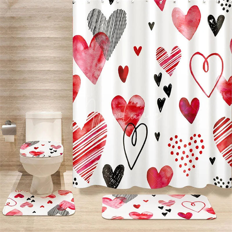 Aperturee - Aperturee 4-Piece Valentines Day Heart Shower Curtain Set Watercolor Red Pink Love Art Cute Romantic