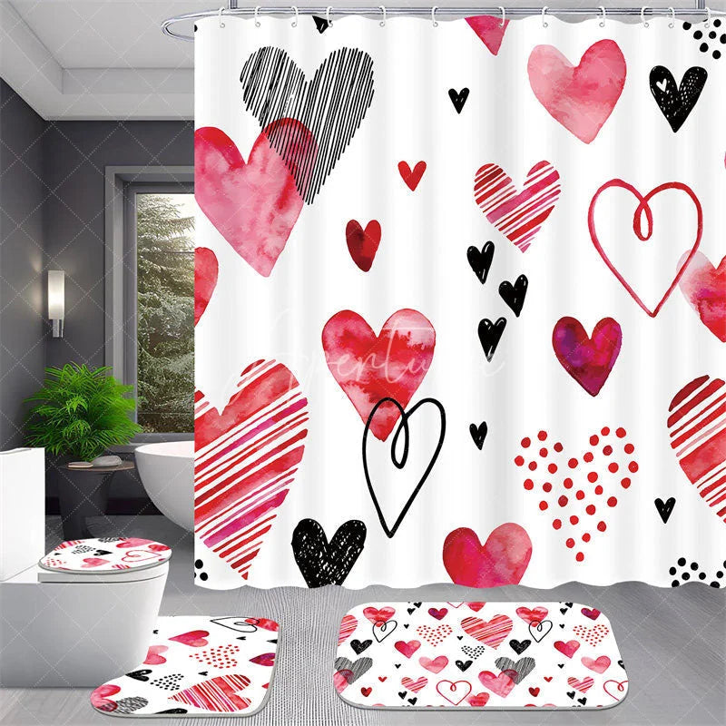 Aperturee - Aperturee 4-Piece Valentines Day Heart Shower Curtain Set Watercolor Red Pink Love Art Cute Romantic