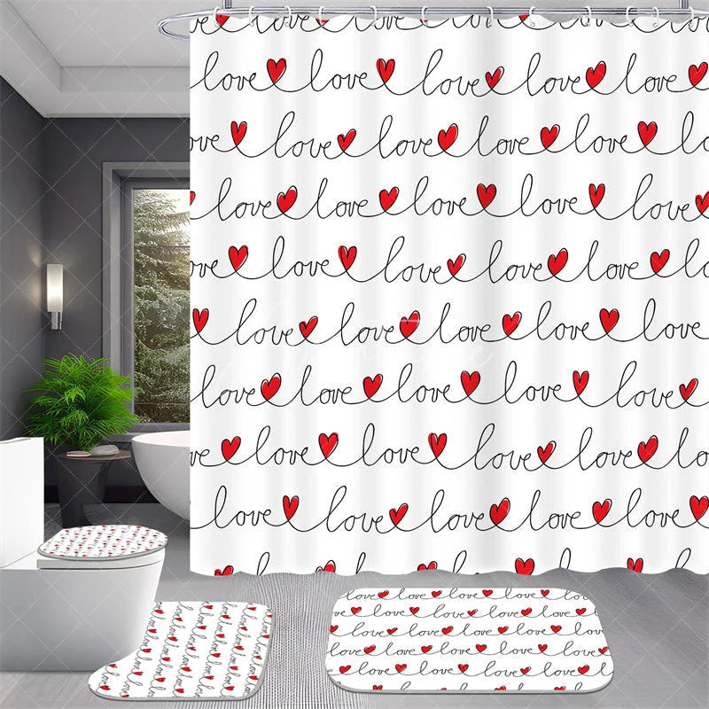 Aperturee - Aperturee 4-Piece Valentines Day Love Bathroom Set Red Heart Script Line Minimalist Romantic Decor