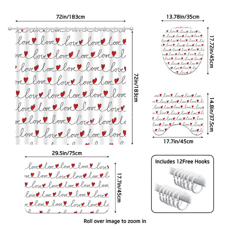 Aperturee - Aperturee 4-Piece Valentines Day Love Bathroom Set Red Heart Script Line Minimalist Romantic Decor