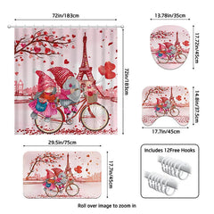 Aperturee - Aperturee 4-Piece Valentines Day Paris Shower Curtain Set Cycling Gnomes Eiffel Tower Romantic Pink Love