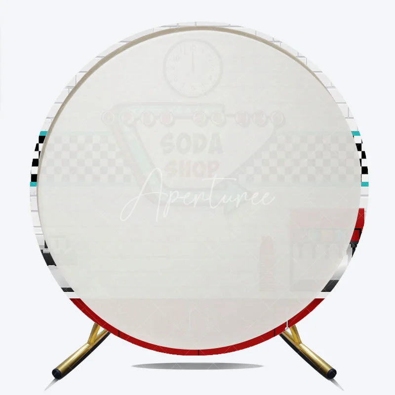 Aperturee - Aperturee 50s Diner Soda Shop Round Backdrop Retro Restaurant White Brick and Checkered Party Background