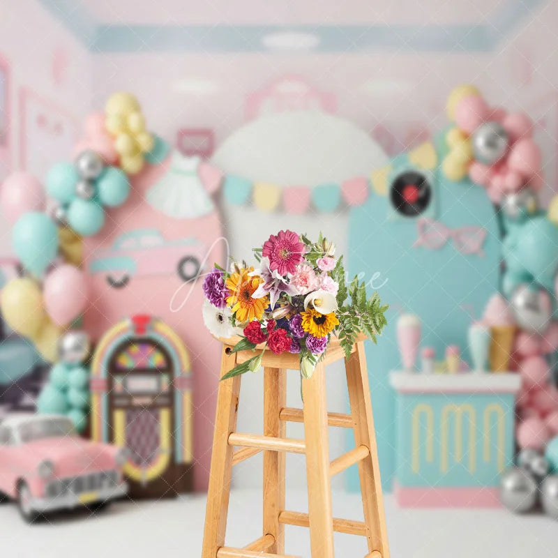 Aperturee - Aperturee 50s Retro Diner Jukebox Backdrop Pink Vintage Car and Milkshake for Birthday Party