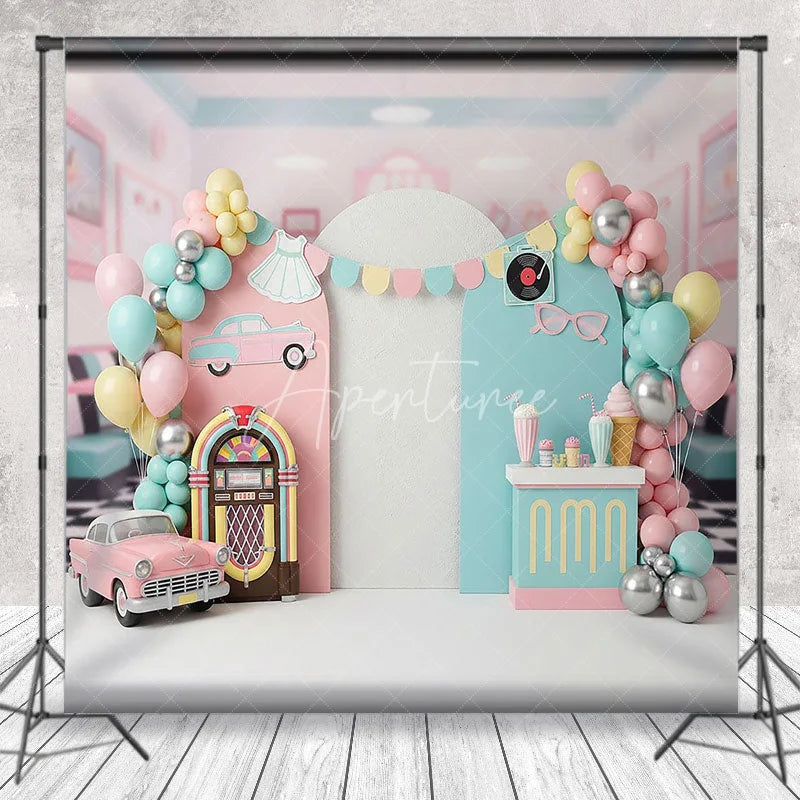 Aperturee - Aperturee 50s Retro Diner Jukebox Backdrop Pink Vintage Car and Milkshake for Birthday Party