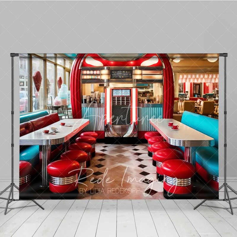 Aperturee - Aperturee 50s Retro Diner Photography Backdrop Red Stools Jukebox Checkerboard Floor Background Vintage Restaurant Photo Prop