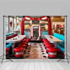 Aperturee - Aperturee 50s Retro Diner Photography Backdrop Red Stools Jukebox Checkerboard Floor Background Vintage Restaurant Photo Prop