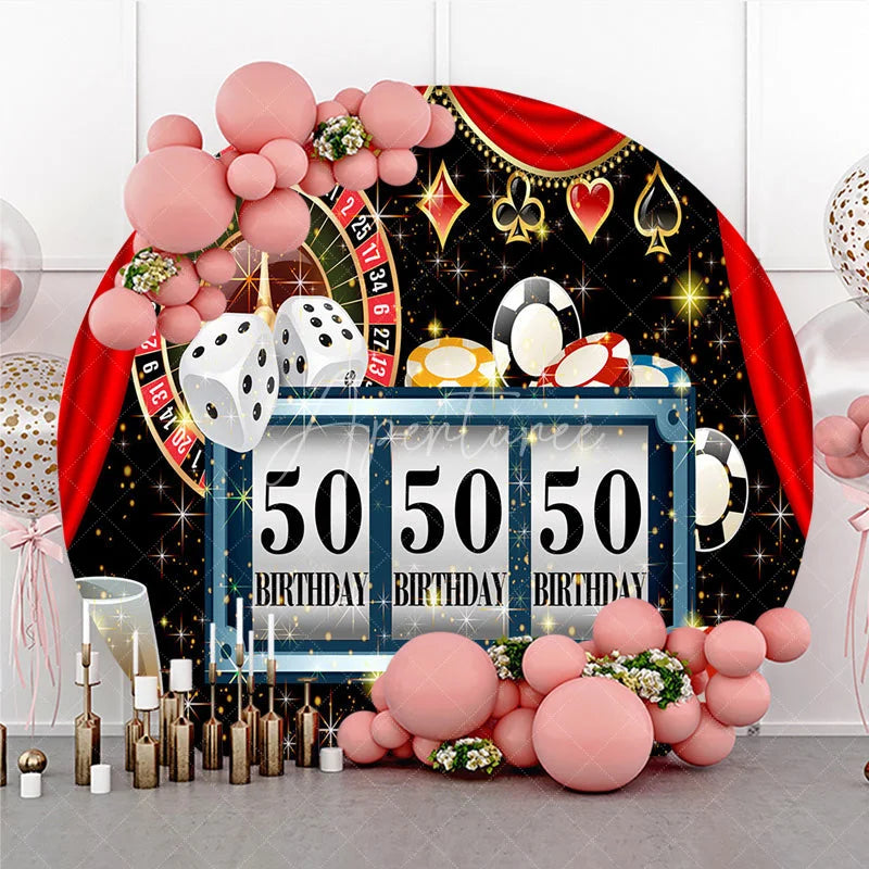 Aperturee - Aperturee 50th Birthday Round Backdrop Casino Las Vegas Slot Machine Red Curtain Party