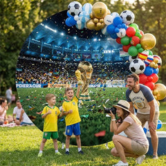 Aperturee - (7 Day Delivery)Aperturee Golden Trophy Soccer Stadium Round Backdrop Celebration Sports Party Decor