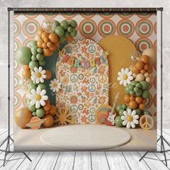 Aperturee - Aperturee 70s Retro Hippie Groovy Backdrop Peace Sign and Daisy for Birthday Party Cake Smash