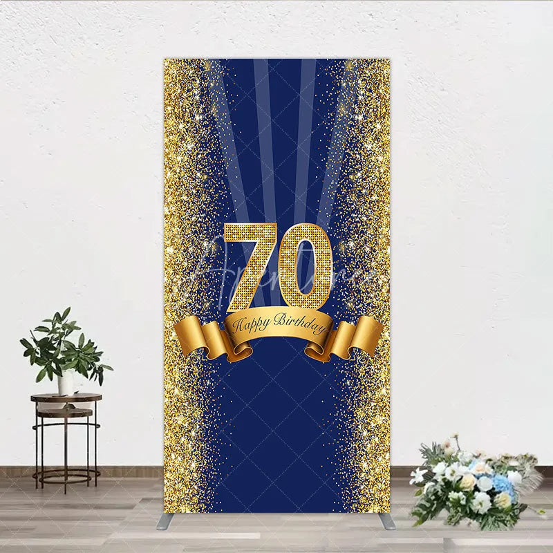 Aperturee - Aperturee 70th Happy Birthday Rectangle Backdrop Navy Blue and Gold Glitter Sparkle Birthday Party Celebration Background