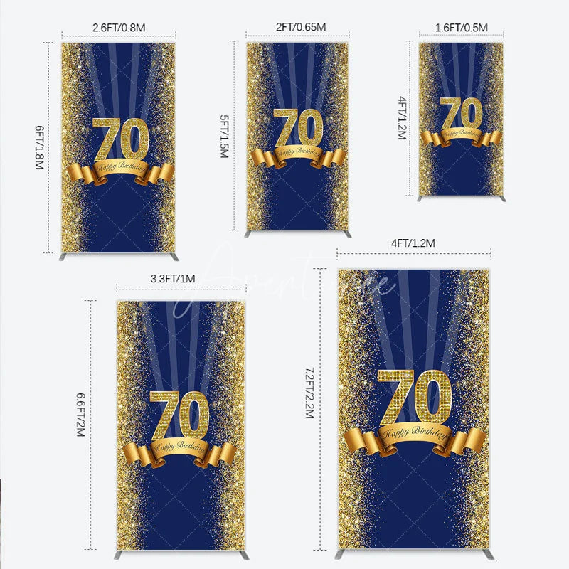 Aperturee - Aperturee 70th Happy Birthday Rectangle Backdrop Navy Blue and Gold Glitter Sparkle Birthday Party Celebration Background