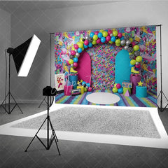 Aperturee - Aperturee 80s 90s Graffiti Retro Birthday Backdrop Vibrant Neon Pattern and Roller Skate Cake Smash Background