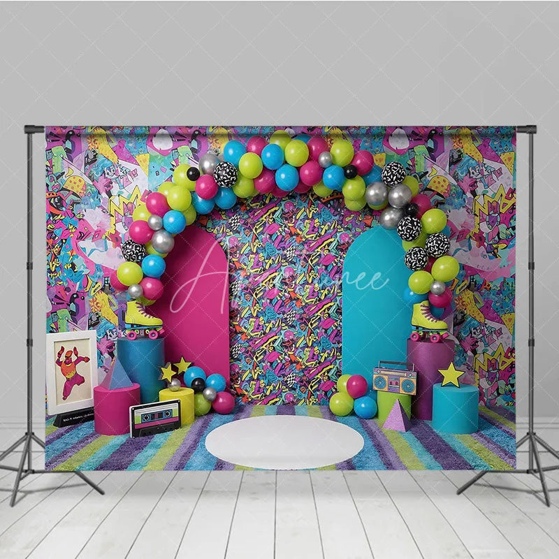 Aperturee - Aperturee 80s 90s Graffiti Retro Birthday Backdrop Vibrant Neon Pattern and Roller Skate Cake Smash Background