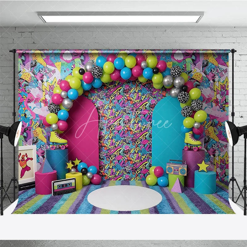 Aperturee - Aperturee 80s 90s Graffiti Retro Birthday Backdrop Vibrant Neon Pattern and Roller Skate Cake Smash Background