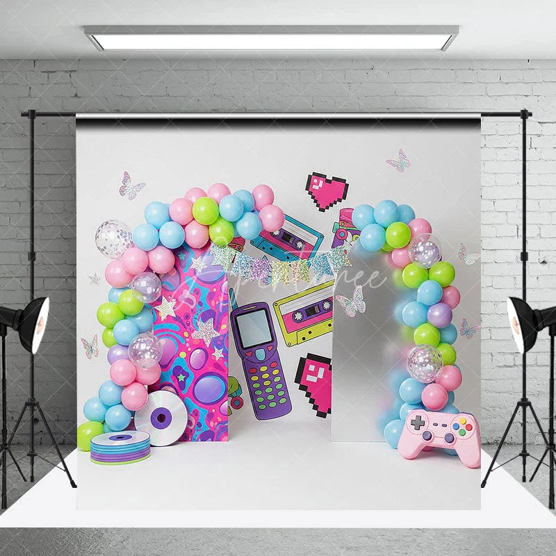 Aperturee - Aperturee 90s Retro Nostalgia Arch Backdrop Cassette and Game Controller for Birthday Party